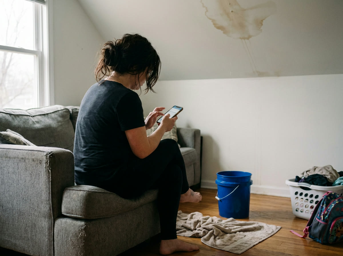 A homeowner sits next to a bucket catching a ceiling leak and types a question on her phone