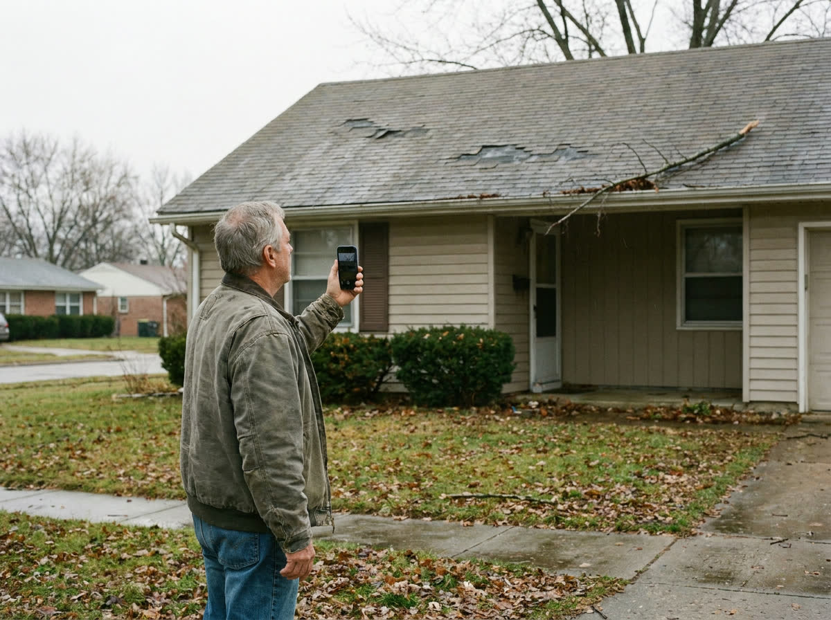 A homeowner looks up at storm damage on his roof while holding his phone