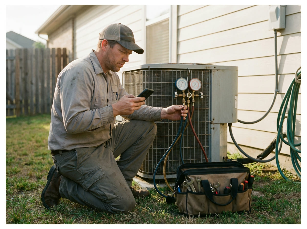An HVAC technician checks gauges on an outdoor air conditioning unit