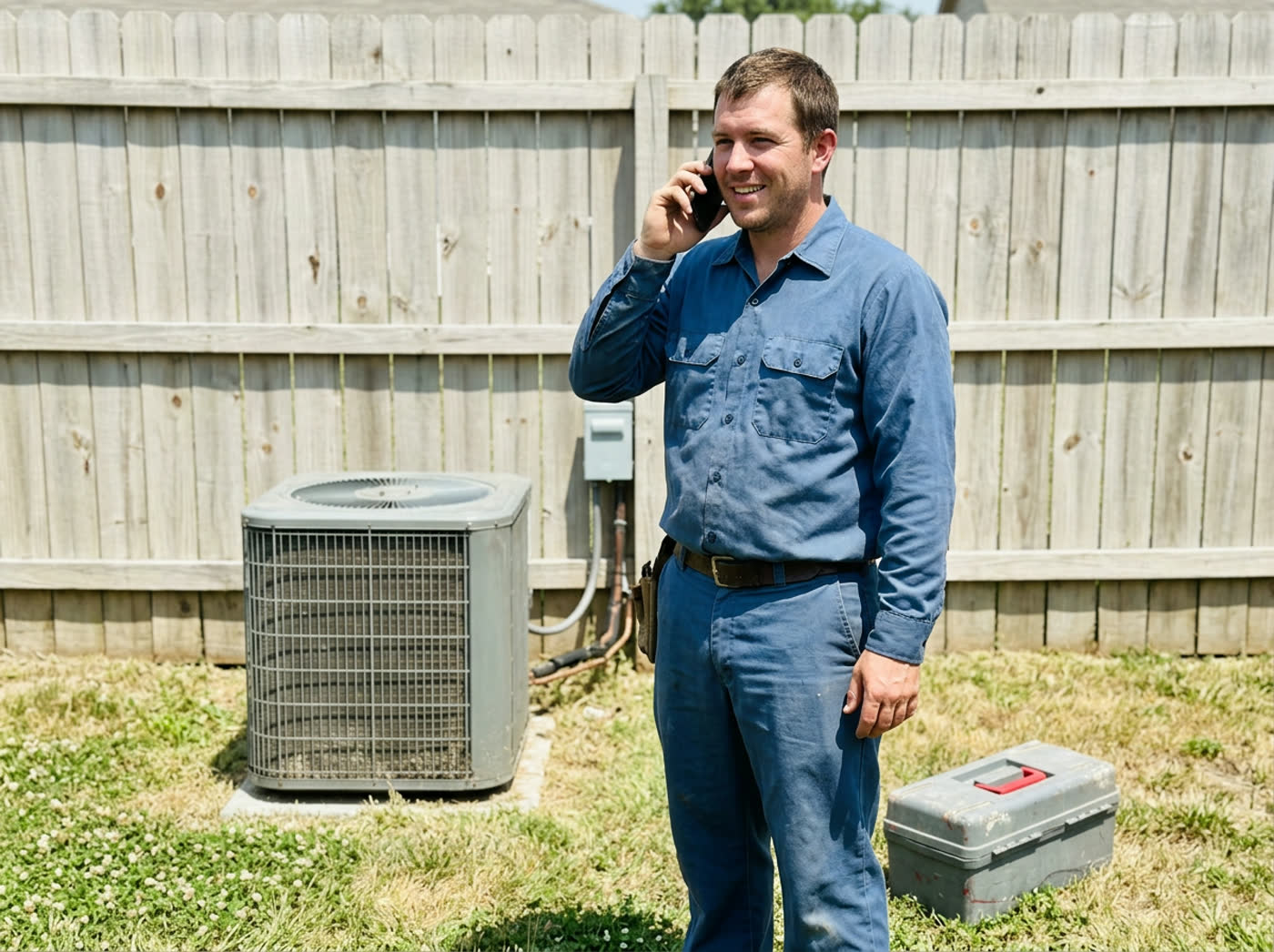 A contractor answers a call next to an air conditioning unit