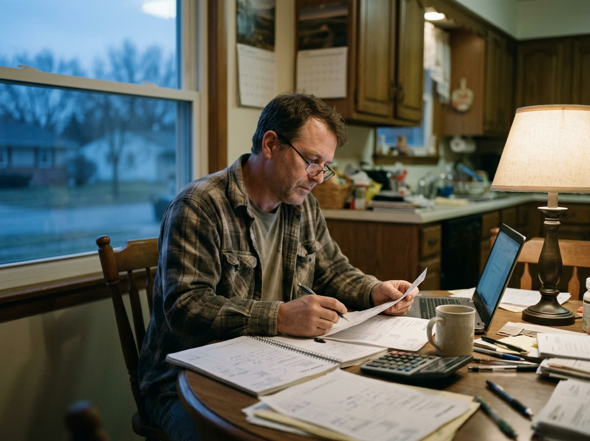 A contractor reviews paperwork and a laptop at his kitchen table in the evening