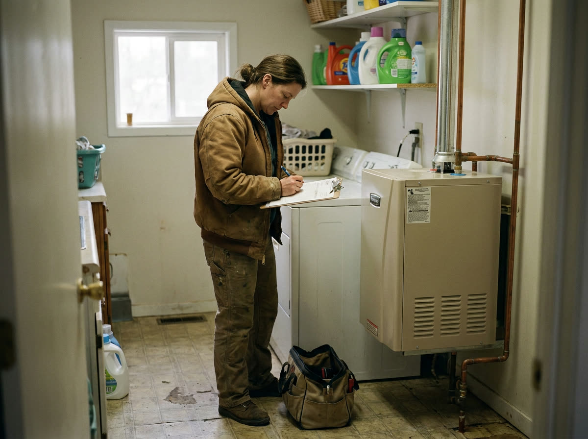 A plumber writes up an invoice next to a newly installed water heater