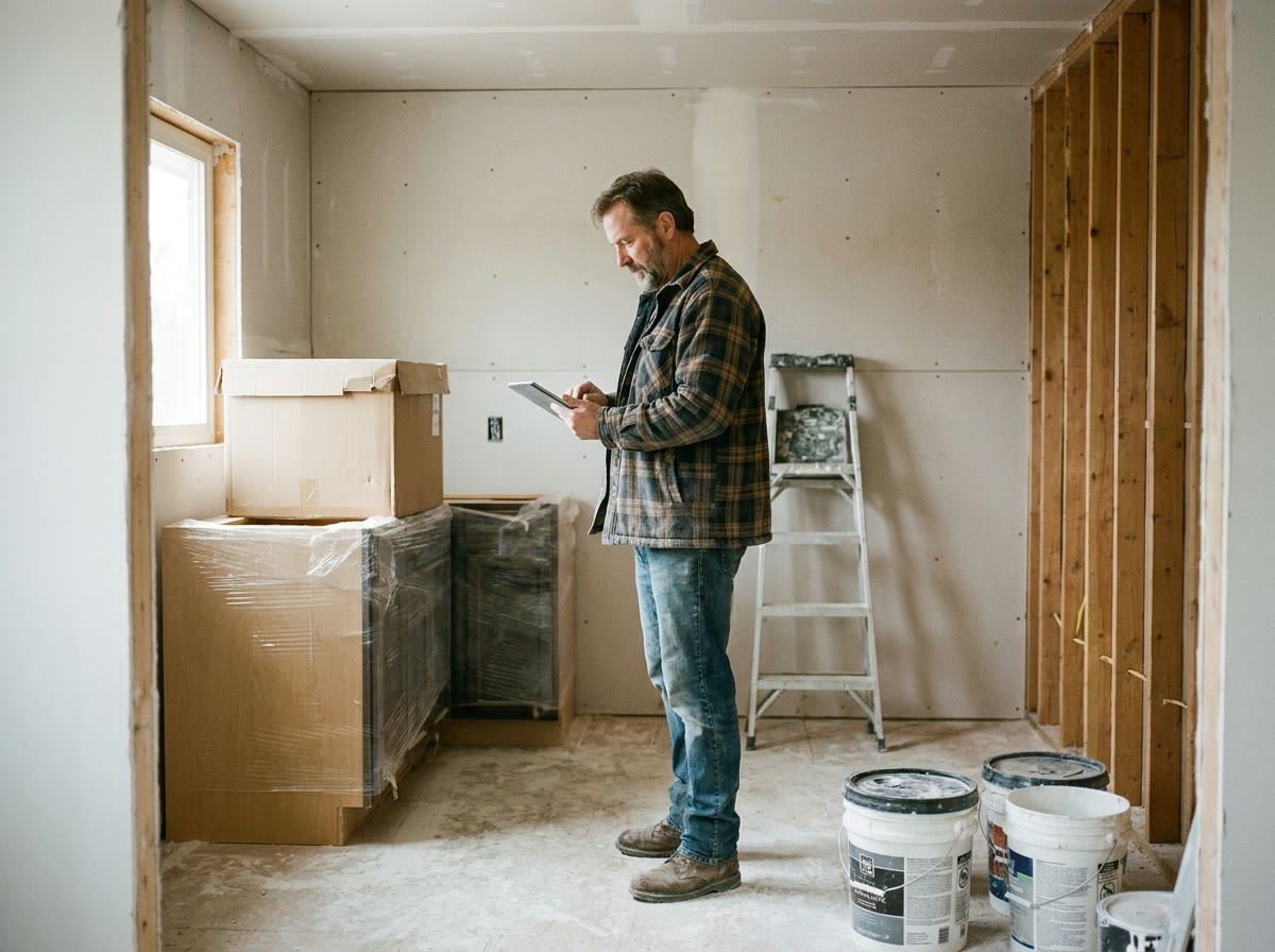 A remodeling contractor reviews plans in a kitchen under renovation