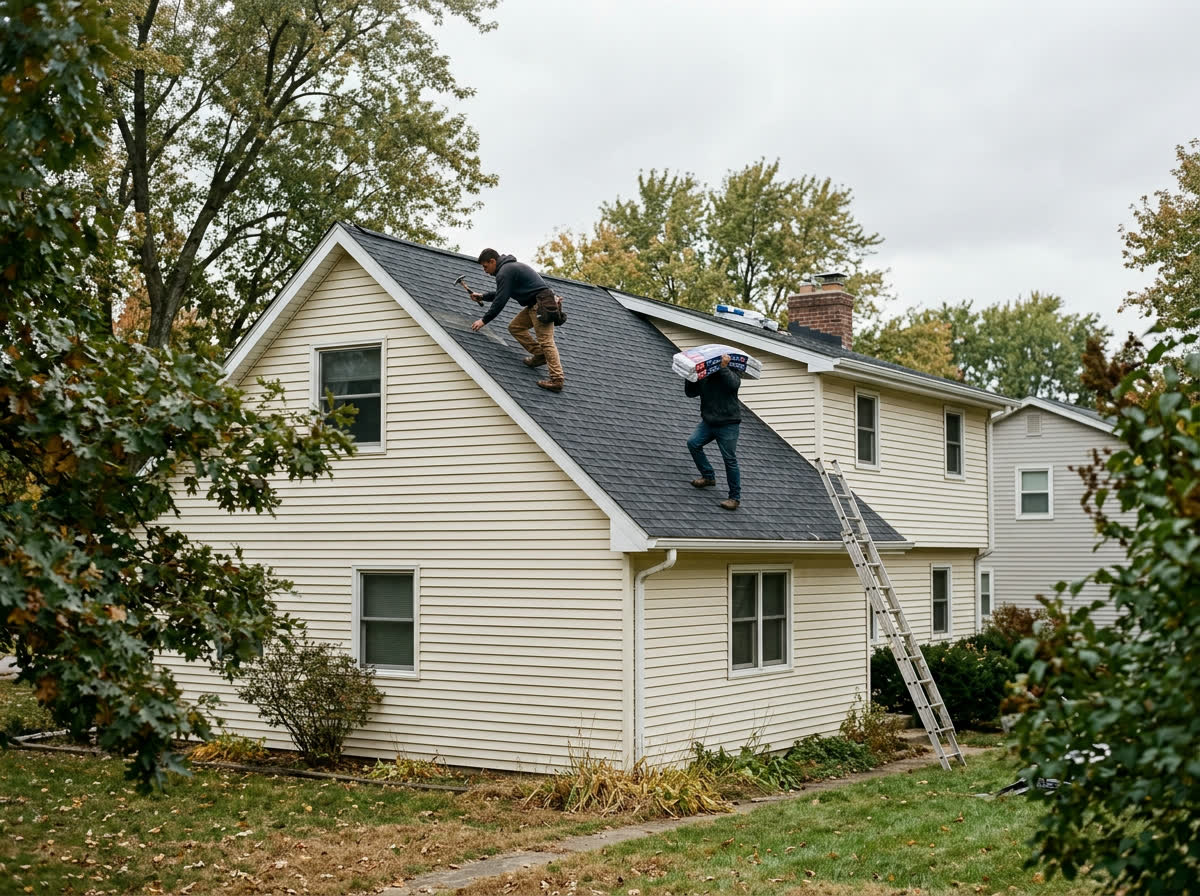 Two roofers replacing shingles on a suburban house